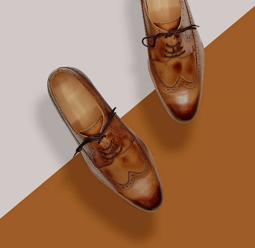 Height Increasing Tan Leather Coppet Brogue Wingtip Derby Shoes
