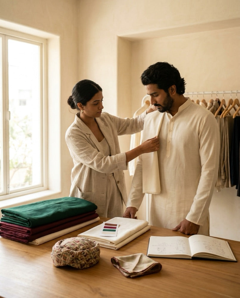 A stylist holding fabric against a groom&rsquo;s shoulder beside swatches and notes